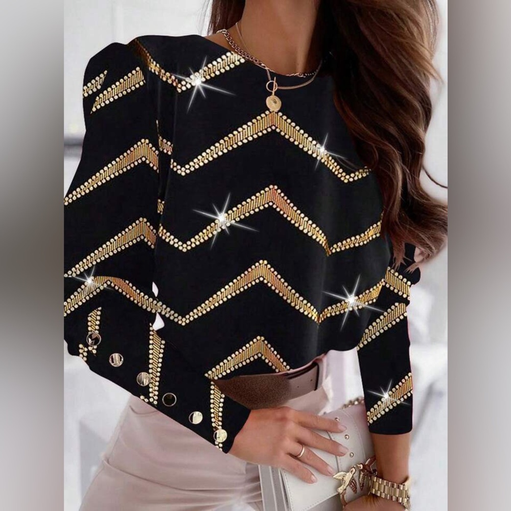 NWOT CHICME Clasi Women Crystal Decorated Round Neck Long Sleeve Casual Blouse